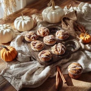Pumpkin Cinnamon Roll Muffins: Warm, Cozy Fall Baking You’ll Love 2 Pumpkin Cinnamon Roll Muffins in a rustic tray
