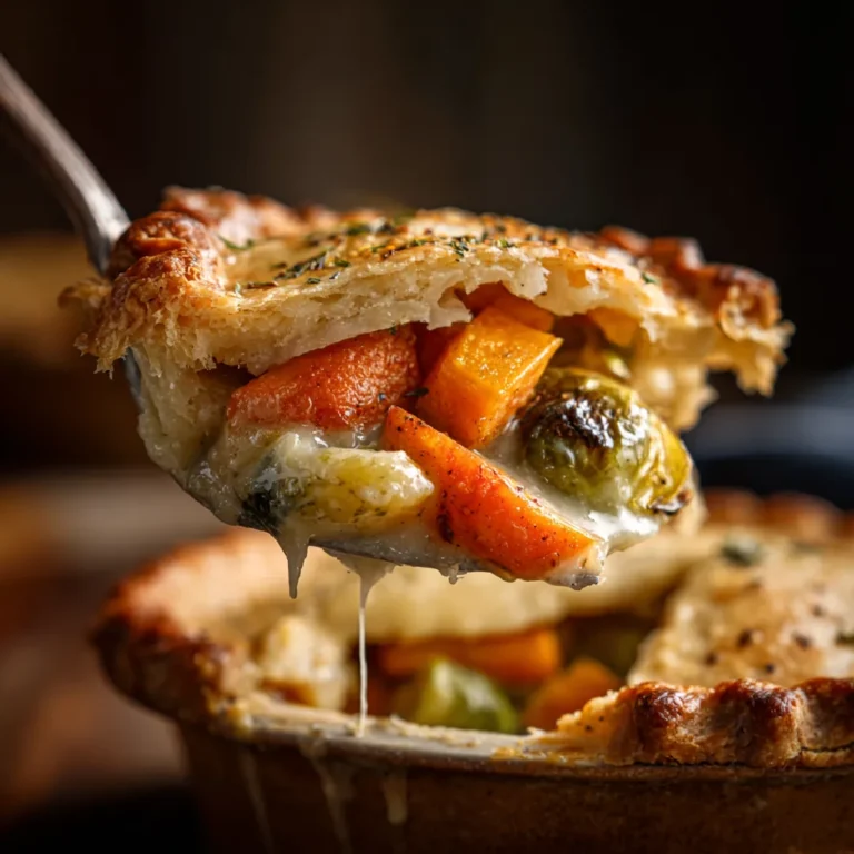 Roasted Autumn Vegetable Pot Pie: Comfort Food at Its Best 3 Golden crust and steamy roasted veggie filling up close