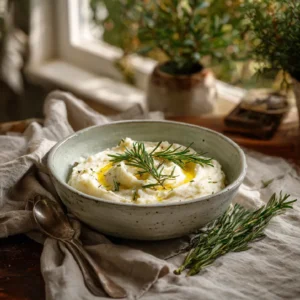 Rosemary Garlic Mashed Potatoes served in a rustic bowl
