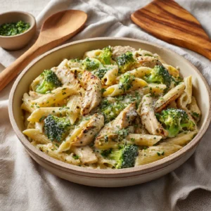 Rotisserie Chicken Broccoli Pasta in a rustic kitchen bowl