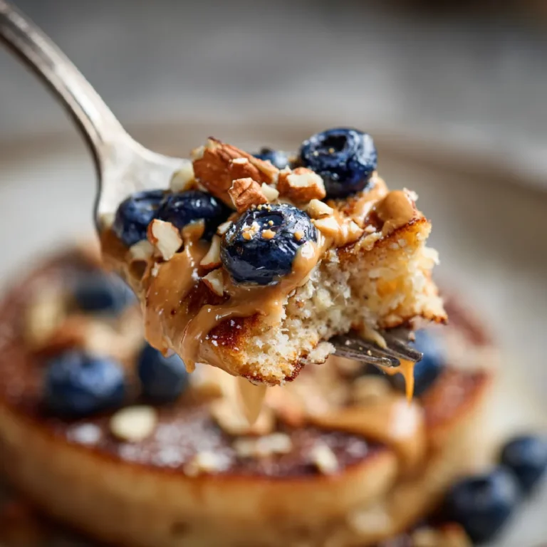Baked Protein Pancake Bowl: A Wholesome High-Protein Breakfast 3 Zoom-in on golden baked pancake texture with strawberries and almond butter