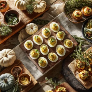 Thanksgiving Appetizer Deviled Eggs: Creamy, Classic, and Perfect for the Holidays 2 Festive Thanksgiving appetizer deviled eggs on wooden board with Thanksgiving garnishes