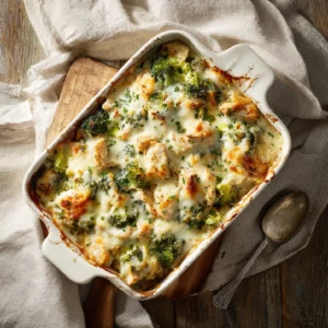 Turkey Broccoli Casserole baked in a white dish