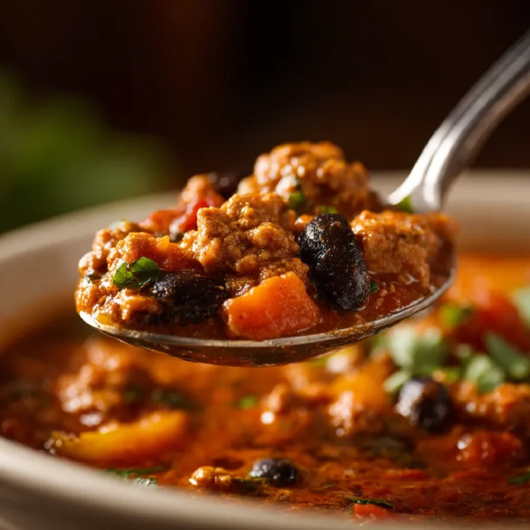 Turkey Pumpkin Chili: Cozy Comfort in a Bowl 3 Creamy turkey pumpkin chili in a spoon, close-up