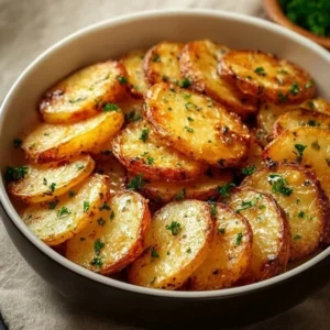 Crispy air fryer sliced potatoes served in a bowl.