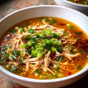 Aromatic Ginger Garlic Chicken Noodle Soup in a bowl garnished with herbs