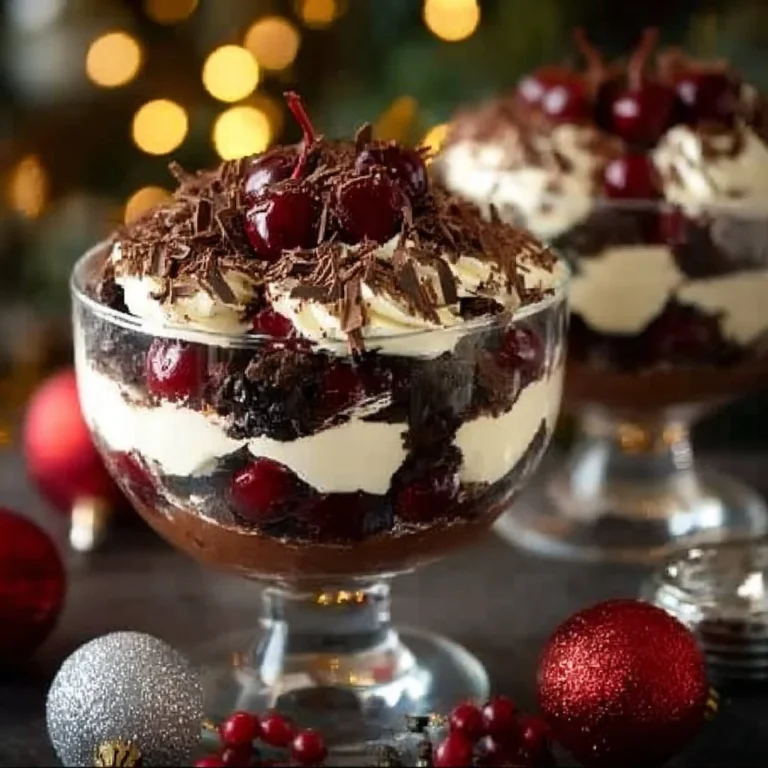 Delicious Black Forest Trifle with layers of chocolate, cherries, and whipped cream