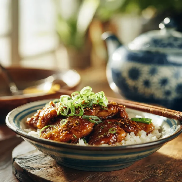 A cozy bowl of caramelised soy chicken in garlic ginger broth served over jasmine rice