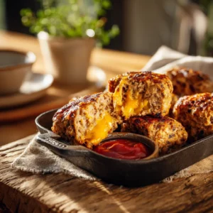 plate of cheddar-stuffed meatloaf morsels, golden cheese oozing
