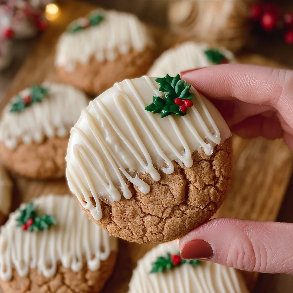Chewy maple cinnamon cookies with white chocolate drizzled on top.