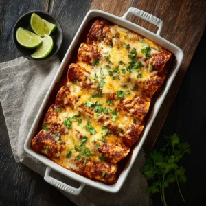 Chicken Enchiladas fresh from oven with melted cheese and cilantro