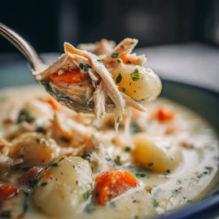 Close-up of gnocchi soup with rich broth and vegetables
