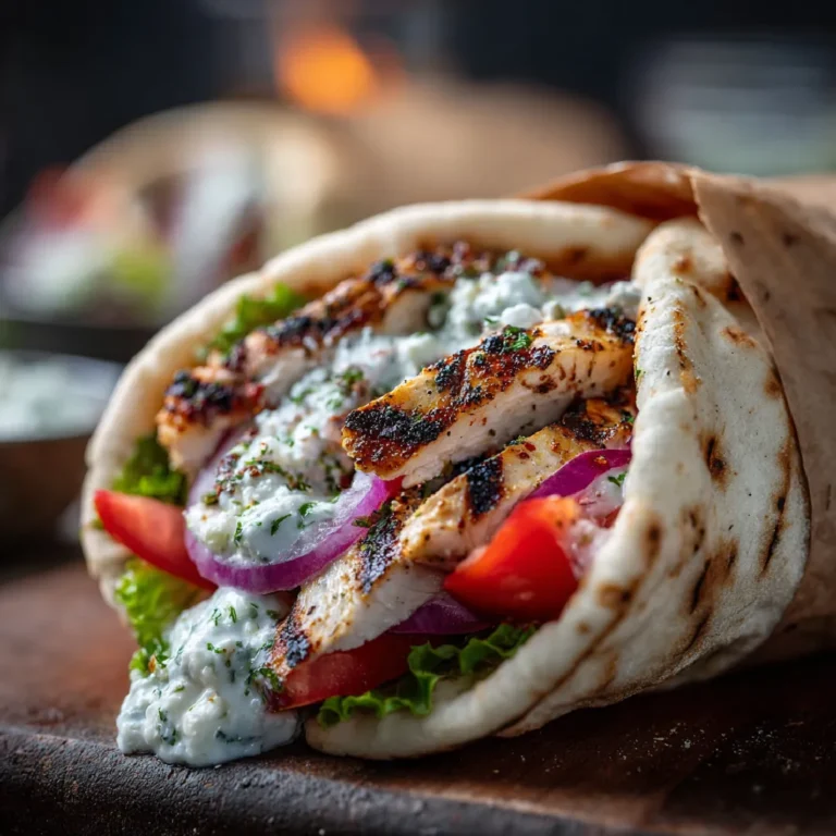 Detailed shot of grilled chicken and feta tzatziki in a pita wrap