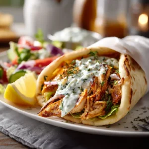 Chicken Gyros in pita bread with tzatziki sauce, tomatoes, and onions