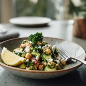 Chickpea Feta Avocado Salad in rustic bowl with Mediterranean ingredients