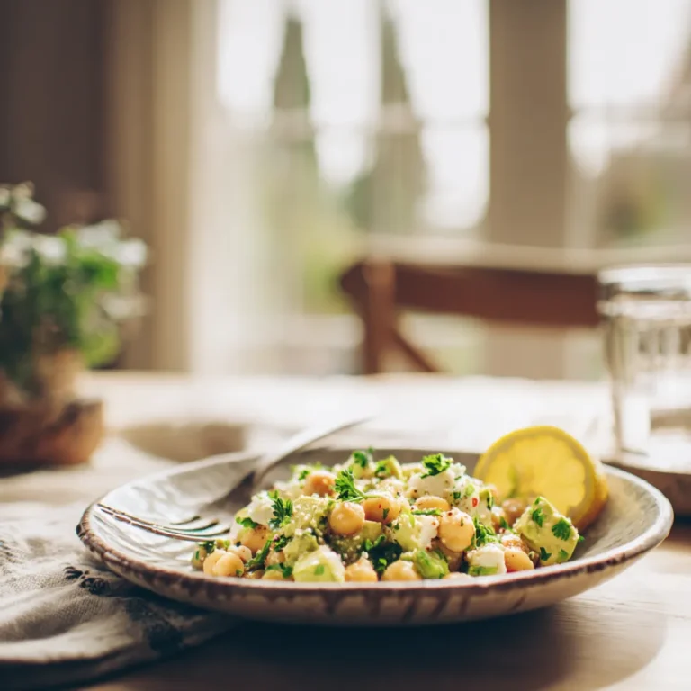Served chickpea feta avocado salad garnished with parsley