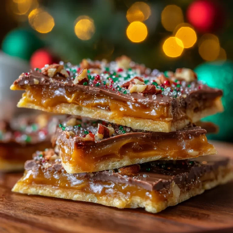 Gooey saltine toffee bark with festive toppings in macro focus