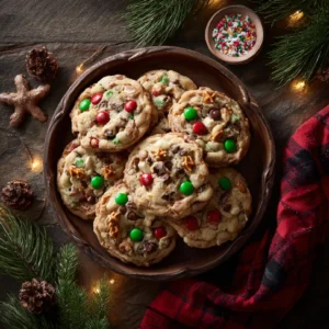 Christmas Kitchen Sink Cookies on festive wooden table