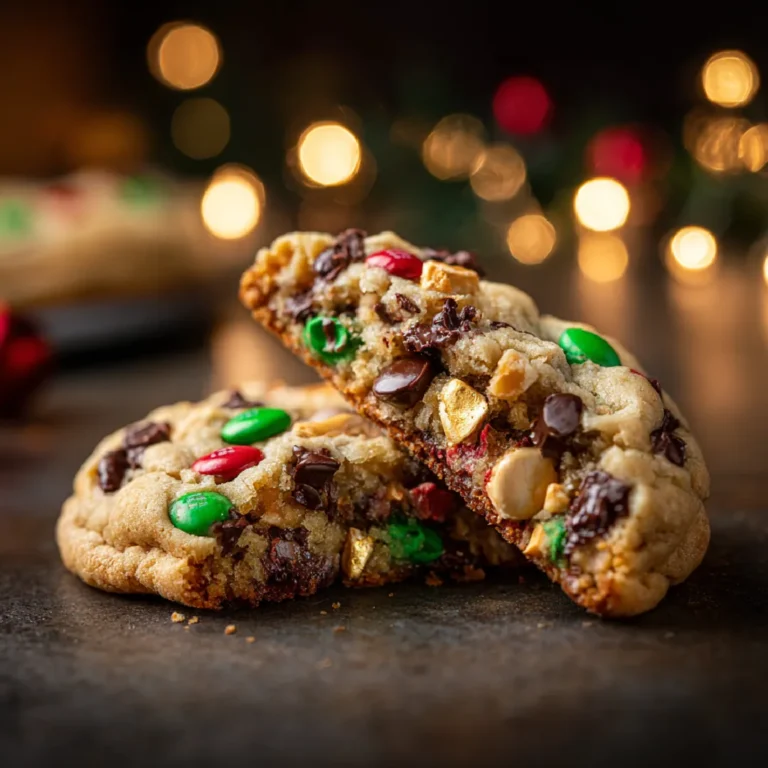 Inside of loaded holiday cookie with pretzels and red-green candy