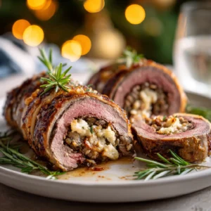 Christmas stuffed tenderloin on serving platter