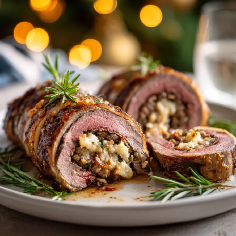 Christmas stuffed tenderloin on serving platter