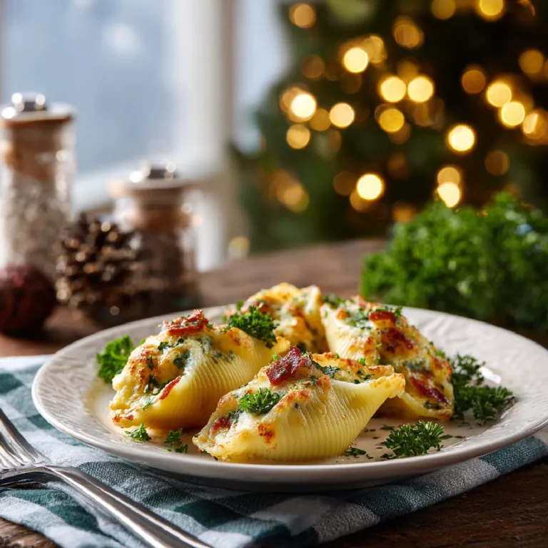 Christmas Stuffed Shells: A Festive Pasta Dish for Your Holiday Table 3 Christmas stuffed shells plated with basil garnish