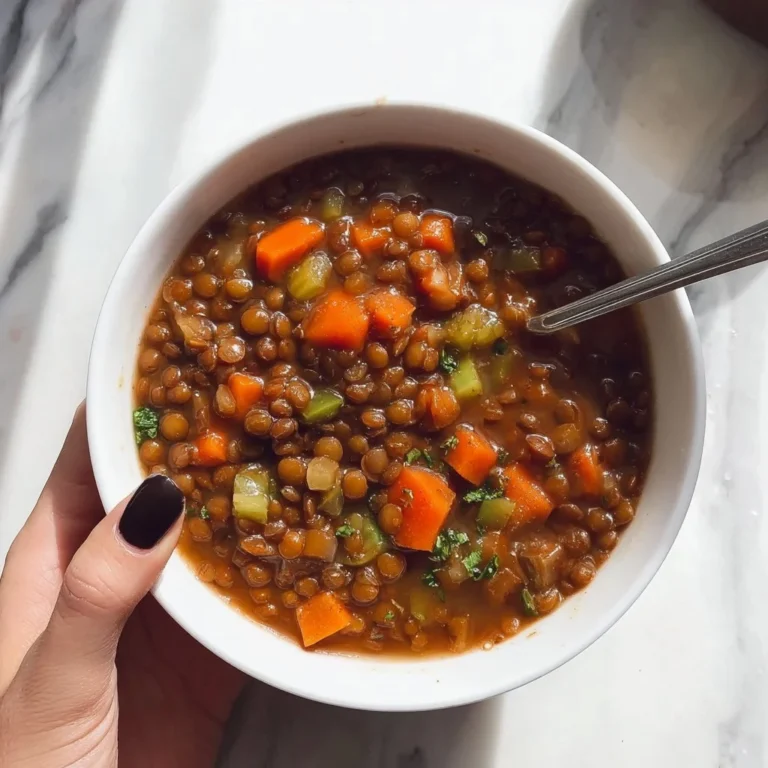Bowl of classic lentil soup garnished with herbs and spices