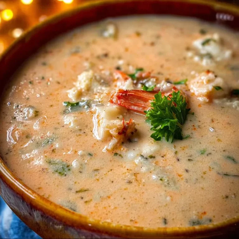 Delicious crab and shrimp seafood bisque served in a bowl garnished with herbs