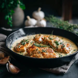 Creamy Garlic Chicken in skillet with parsley
