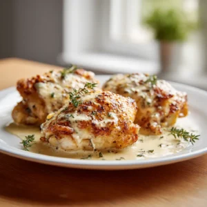 Plated Creamy Oven Baked Chicken Thighs