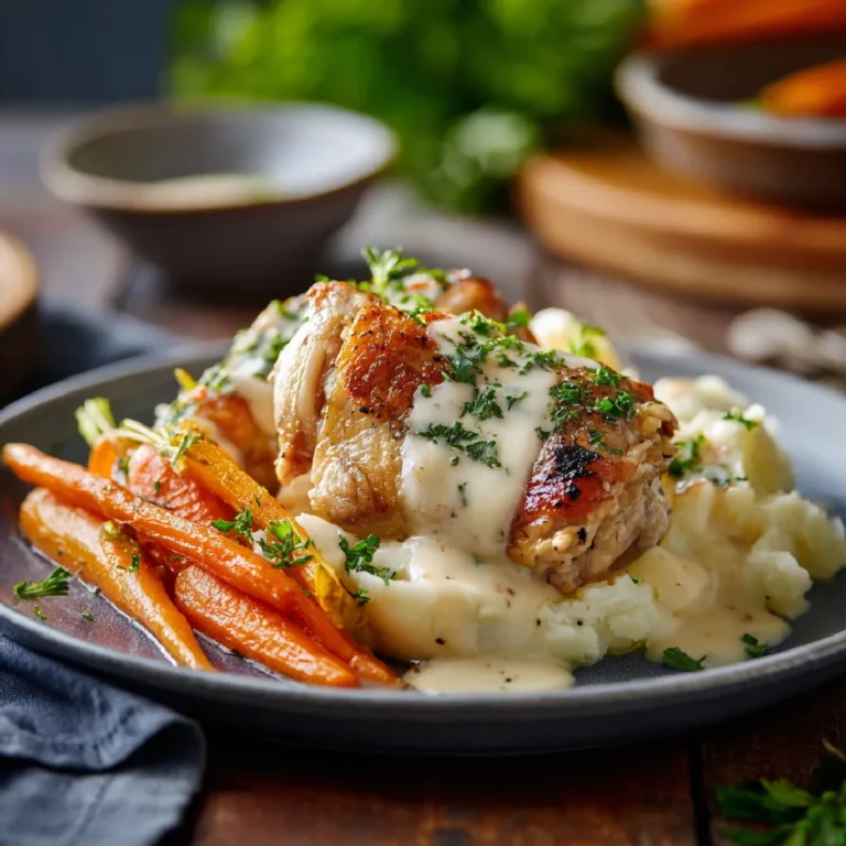 Served Creamy Oven Baked Chicken Thighs with Mashed Potatoes