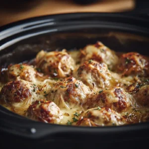Crockpot French Onion Meatballs in rich onion gravy topped with melted cheese