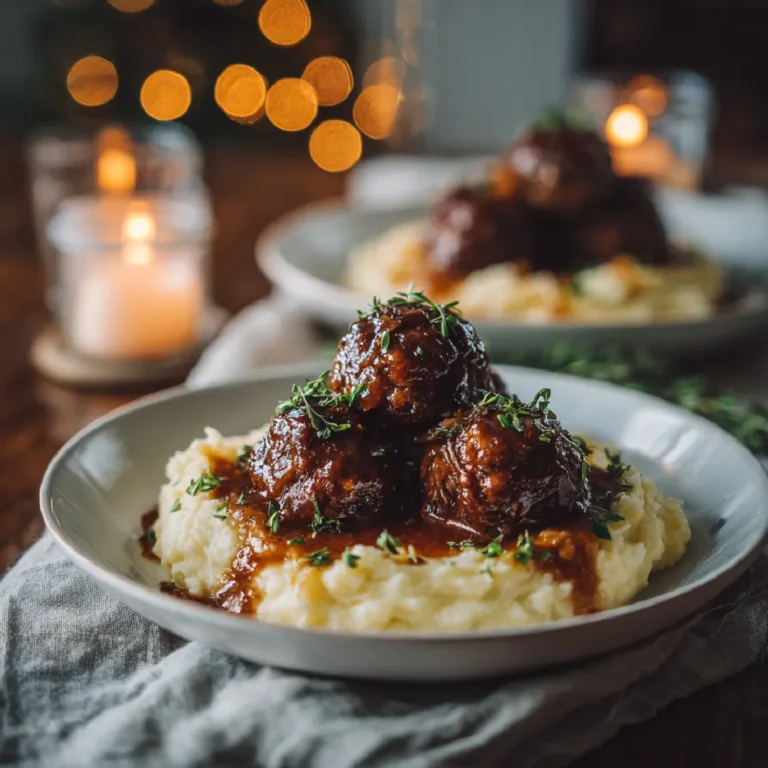 Serving of Crockpot French Onion Meatballs with mashed potatoes