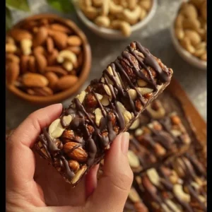 Dark Chocolate and Sea Salt Nut Bars 2 Dark chocolate and sea salt nut bars on a wooden plate