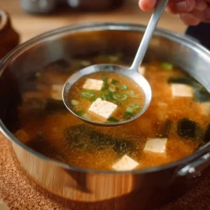 Bowl of easy homemade miso soup with tofu and seaweed