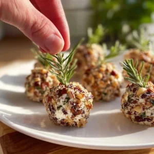 A beautifully arranged festive cheese ball with crackers and herbs