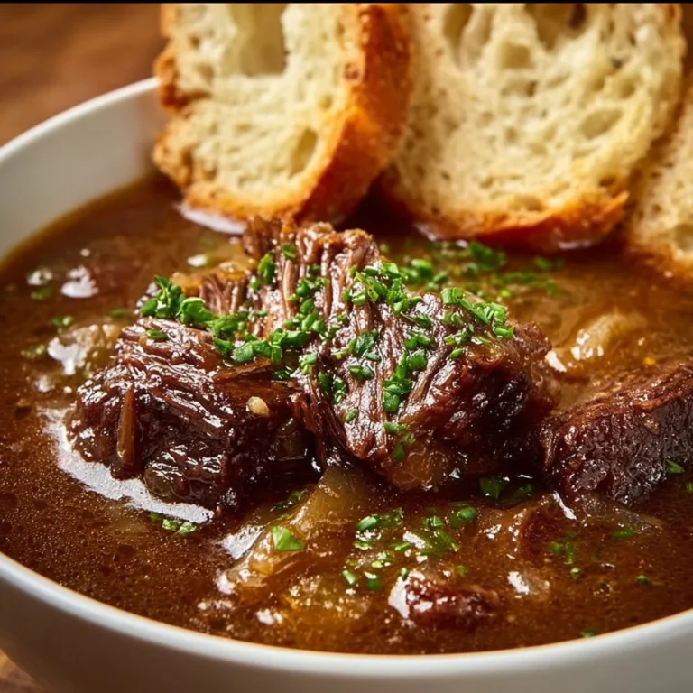 French Onion Beef Short Rib Soup 3 Bowl of French onion beef short rib soup with melted cheese and onions
