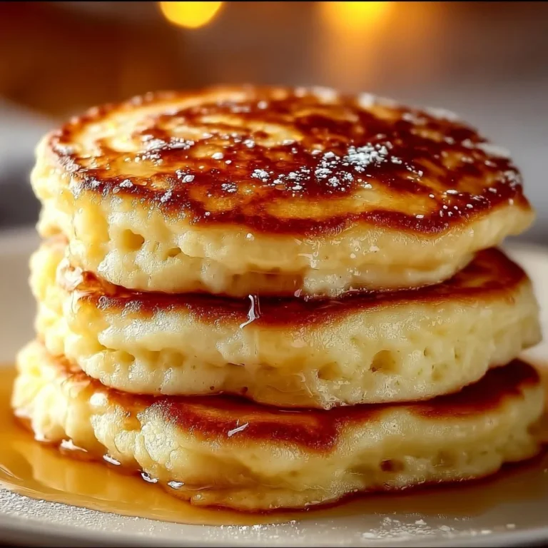 Fluffy gluten-free cottage cheese pancakes stacked on a plate with syrup
