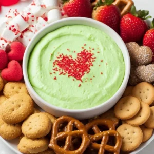 A festive bowl of Grinch Dip with green color and toppings, perfect for holiday celebrations.