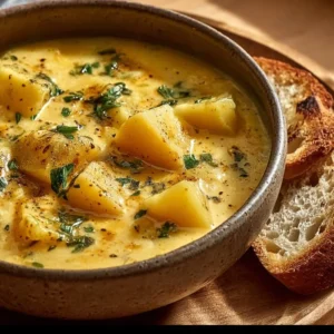 Bowl of hearty cheddar garlic herb potato soup garnished with herbs