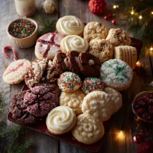 Holiday cookie assortment on a festive tray with Christmas sugar cookies, gingerbread, and chocolate treats