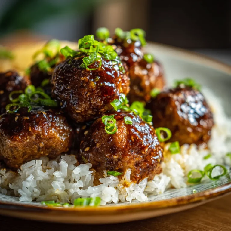 Honey garlic meatballs served with rice and chopped green onions on a ceramic plate