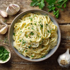 One Pot Creamy Garlic Pasta in a rustic kitchen setting