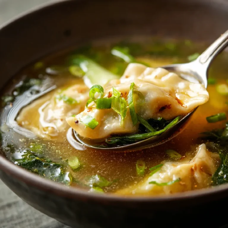 Detailed view of dumpling texture in potsticker soup