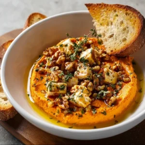 Creamy Pumpkin Whipped Feta Dip served in a bowl with crackers and herbs