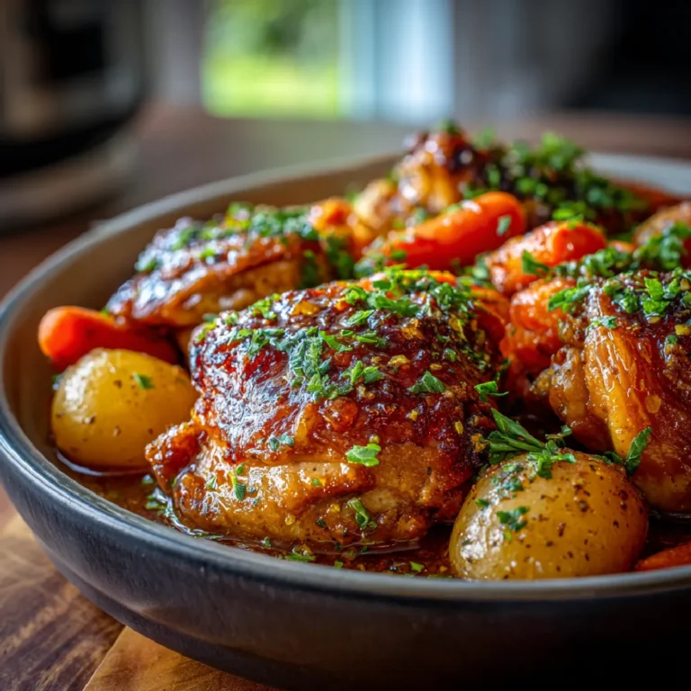 Plated honey garlic chicken and veggies garnished with parsley
