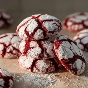 Freshly baked red velvet crinkle cookies on a cooling rack