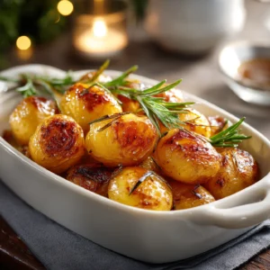 Serving bowl filled with roasted potatoes garnished with rosemary