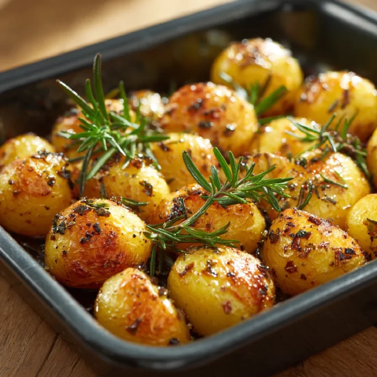 Golden roasted potatoes with rosemary sprigs on a baking tray