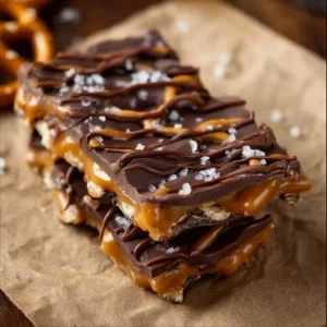 Delicious homemade salted caramel pretzel bark with a sweet, salty flavor